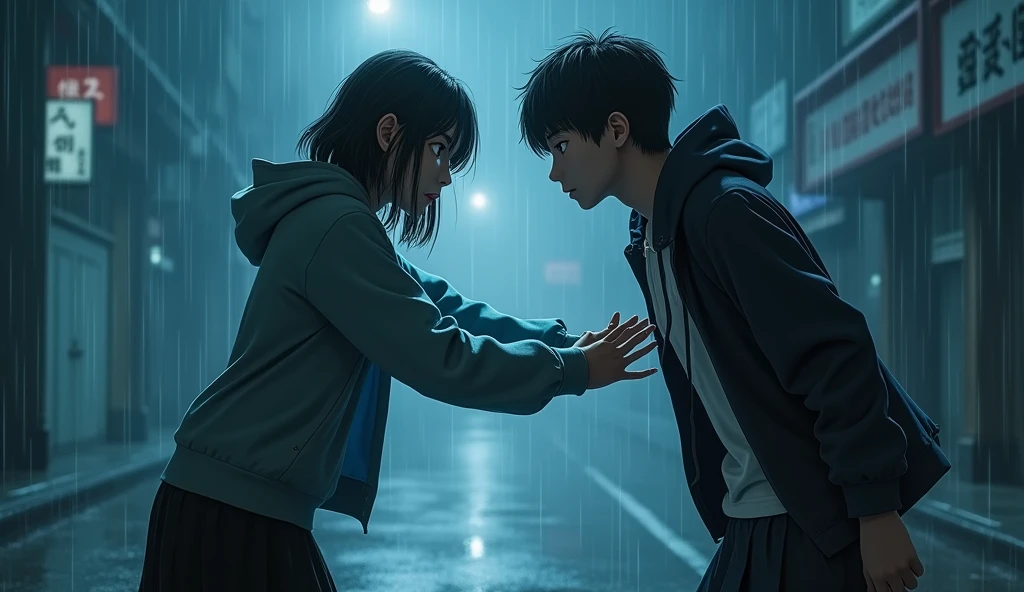 The rain, falling continuously, had tinted the world in shades of azure and the color of tears. The young woman, wearing a hoodie over a white collared shirt and a black skirt, with shoulder-length black hair, was on the verge of madness, her eyes filled with the sorrowful remnants of the rain.
She was about to end the life of the tall, slender young man with short dark hair, who stood motionless in his raincoat and white shirt. The young woman lunged at him so quickly that he could not evade her, but she suddenly stopped as another hand grasped her arm. The person who intervened had long, straight dark hair, sharp, piercing eyes, and an alluring presence, wearing a hoodie over a shirt combining dark and white colors, standing between the young woman and the young man.