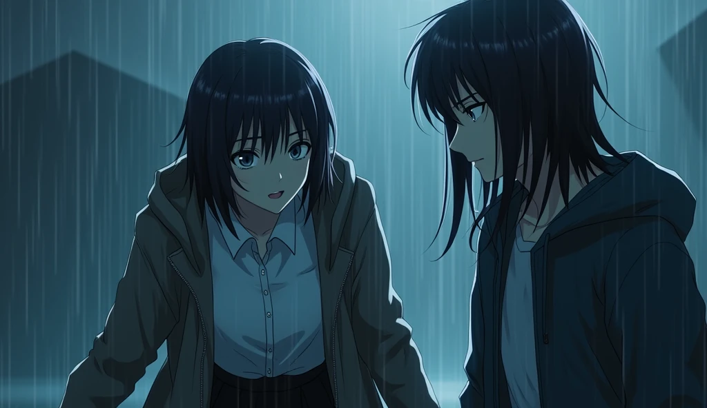 The rain, falling continuously, had tinted the world in shades of azure and the color of tears. The young woman, wearing a hoodie over a white collared shirt and a black skirt, with shoulder-length black hair, was on the verge of madness, her eyes filled with the sorrowful remnants of the rain.
She was about to end the life of the tall, slender young man with short dark hair, who stood motionless in his raincoat and white shirt. The young woman lunged at him so quickly that he could not evade her, but she suddenly stopped as another hand grasped her arm. The person who intervened had long, straight dark hair, sharp, piercing eyes, and an alluring presence, wearing a hoodie over a shirt combining dark and white colors, standing between the young woman and the young man.