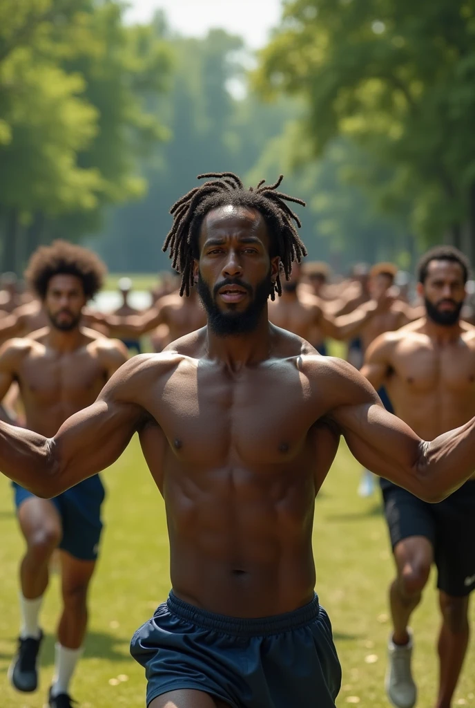 Group of men from different ethnicities muscles, in a park doing calisthenic exercises, with a black man with dreadlocks in the front