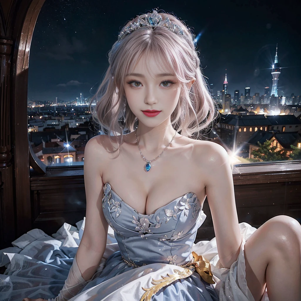 (1 y woman, solo, Pink Hair, Twintails, Princess Dress, frilled dress, highly detailed glamour photo of rpgroyalty, Crown, Jewelry, tiara, elegant, Sitting, Arms Up:1.4), (Detailed Eyes, Glossy Lip, Smile, Cle5), (Cowboy Shot, From Below:1.3), (Medieval cityscape, Sunlight, depth of field:1.8), ((anatomically correct)), (Futuristic Portrait), (Extreme-Close-Up:1.5), Smile, Rim Lighting, Cinematic Light, Earrings, necklace, Look at viewer, no futuro telhado de luz neon, SSCI - FI e Fantasia, intricate and very beautiful and elegant, highy detailed, digitalpainting, art-station, conceptual artwork, smooth and sharp focus, illustration, Art by Tan Zi, Ayanamikodon, Alphonse Mucha's, and Wlop. Task in progress 3%
