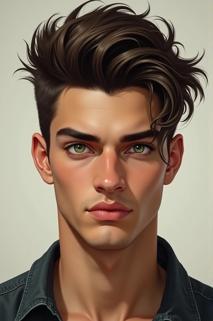 high resolution, masterpiece : 1,2), (realistic : 1,37), (best quality, high resolution, ultra-detailed girl, realistic) Young man of 20 years old with green eyes and very dark brown hair in spikes. Il a la peau métis. His beard is shaved.