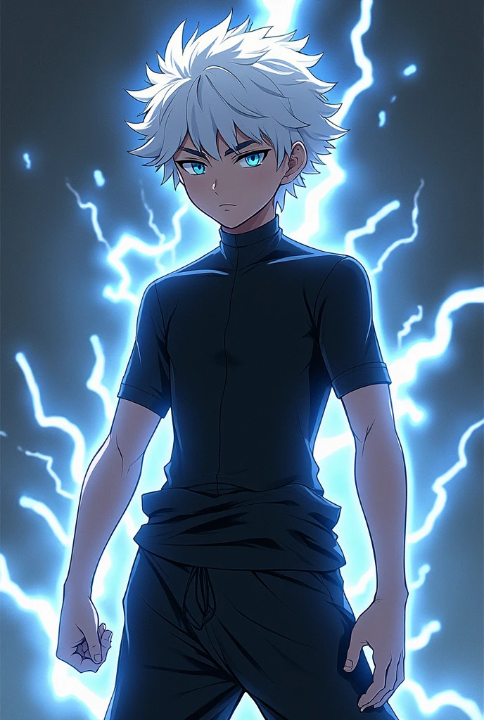 Half-dark anime boy, physically weak with white curly hair, he wears a black compression shirt and black harem pants too, he has lightning power and a serious expression