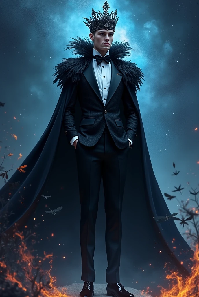 Male in black tuxedo with feather cape small black crown with dragonfly wings surrounded in blue galaxy and black flames