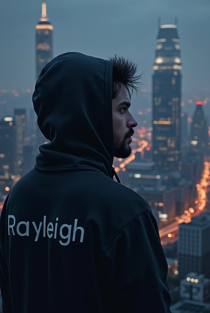 A guy looking at a city and has a hoodie on that’s say Rayleigh