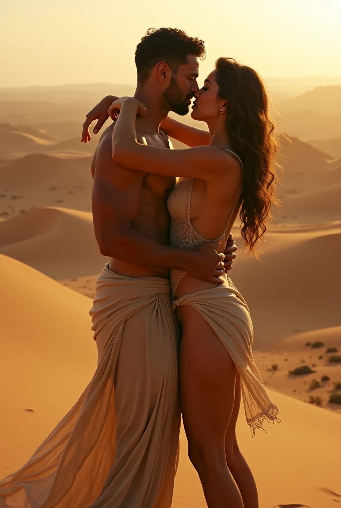 A man fucks a woman in a desert 
