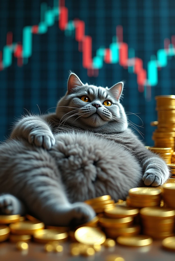 A fat gray Lamborghini cat sits looking at a pile of gold and a blue and gray Forex chart in the background.