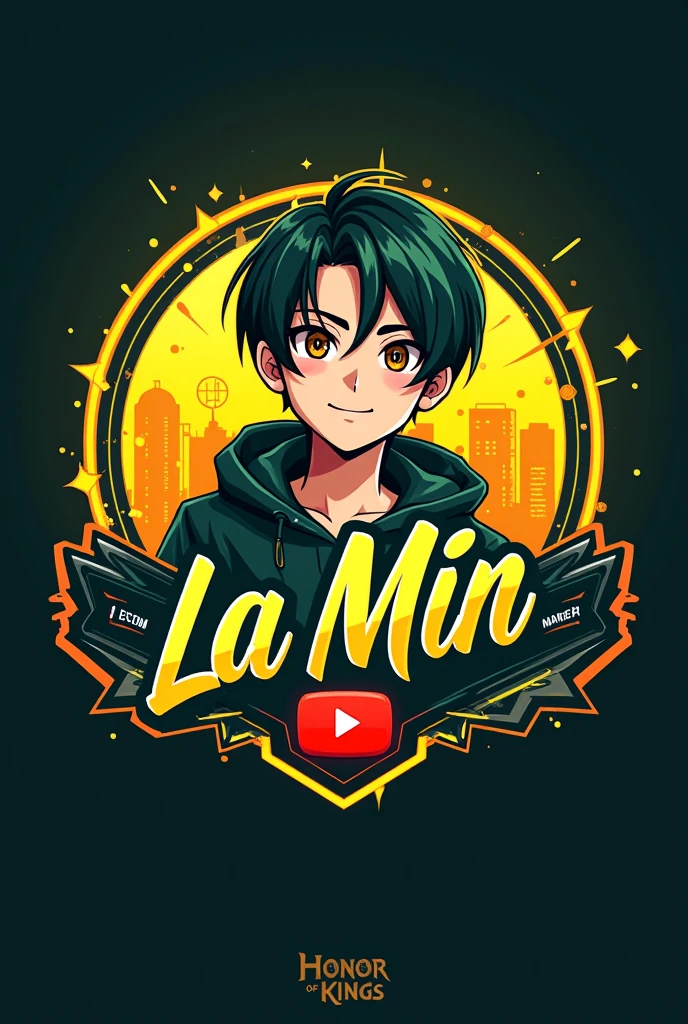 This is a gaming logo that features the name " La Min Thu " in a futuristic font and a Yellow Green  Red color. and Boy Anime avtar, The logo also has a stylized controller icon and a Honor Of Kings play button in the background. The logo is designed to be attractive and eye-catching, and to appeal to gaming enthusiasts and YouTube viewers. I hope you like it.