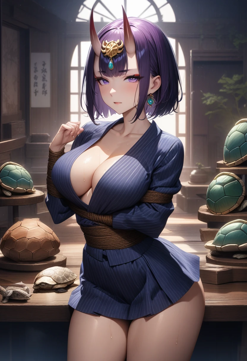 masterpiece,best quality,high resolution,8k,ultra HD,wallpaper,illustration,perfect face,cowboy shot,beautiful detailed eyes,extremely detailed face,perfect lighting,extremely detailed CG,perfect hands,perfect anatomy,perfect body,perfect hands,perfect fingers,1woman,full body,,(muscle fighter:1.1),purple bob hair,purple eyes,large breasts,Medium ass,,japanese long yukata,yukata skirt,clothed,,collarbone,,looking at viewer,(sexy rope bondage turtle shell with  pose:1.3),Steam,sweat,rich home,(Fate Grand Order character Shuten Douji),adult,japanese demon  horns