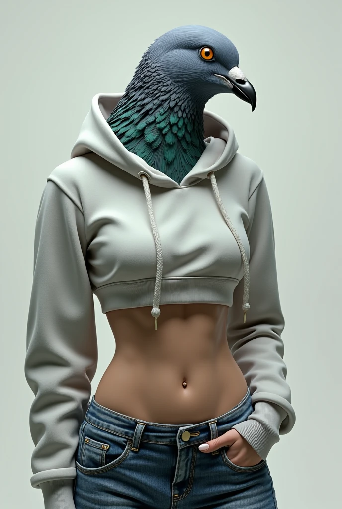 A hybrid of a grey pigeon and an Asian woman, ボディービルダーのような筋肉質なAsian woman bodyとグレーのハトの頭, Hoodie and Jeans, ((Asian woman body)), Model-like pose,