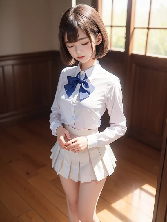 (masterpiece、Highest quality:1.7)、(:1.5)、(Above the knee shot:1.5)、Bobcut、Black Hair、85mm、16K、Official Art、RAW Photos、Best Beautiful Faces、Close-up、Violet、Gardenia、((The best beautiful girl、very cute))、Red blush on cheeks、indoor、(Are standing:1.8)、Film Grain、Chromatic Aberration、Sharp Focus、(((Nice hands、Perfect hands、Perfect Fingers、Thin and delicate fingers、A perfect body without flaws)))、Detailed face、(Slender body:1.5)、(Slender body:1.4)、(Small breasts:1.9)、(Let your bangs hang down:1.8)、(Blushing:1.8)、(Low contrast lighting:1.2)、(White tight business blouse with round collar:1.5)、(White bow tie blouse:1.3)、(Long sleeve: 1.5)、(A very short white pleated mini skirt:1.5)、(Eyes closed:1.5)、back shot,(leaning forward:1.1)