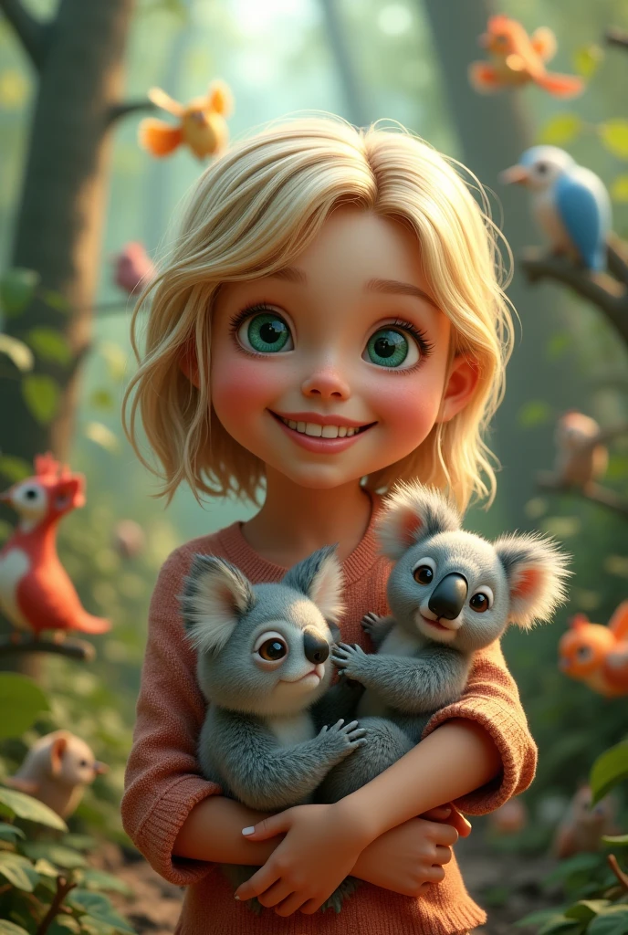 create a blonde girl with blue eyes, holding a baby hilla and a koala clinging to her shoulder, with several animals around her including many birds, in a forest, as if it were a photo, hair with highlights, blue eyes, wide eyes, smile, smiley, cheek to cheek, streaked hair, aqua eyes, grin, smiley, cheek-to-cheek, perspective, blindtoy style, perspective, textured skin