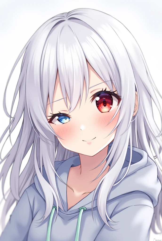 High resolution, Shortcuts, Silver Hair, Odd Eye, Simple Background,  Anime Style, blue eyes, Red eyes, Hood worn, happiness/joy, 