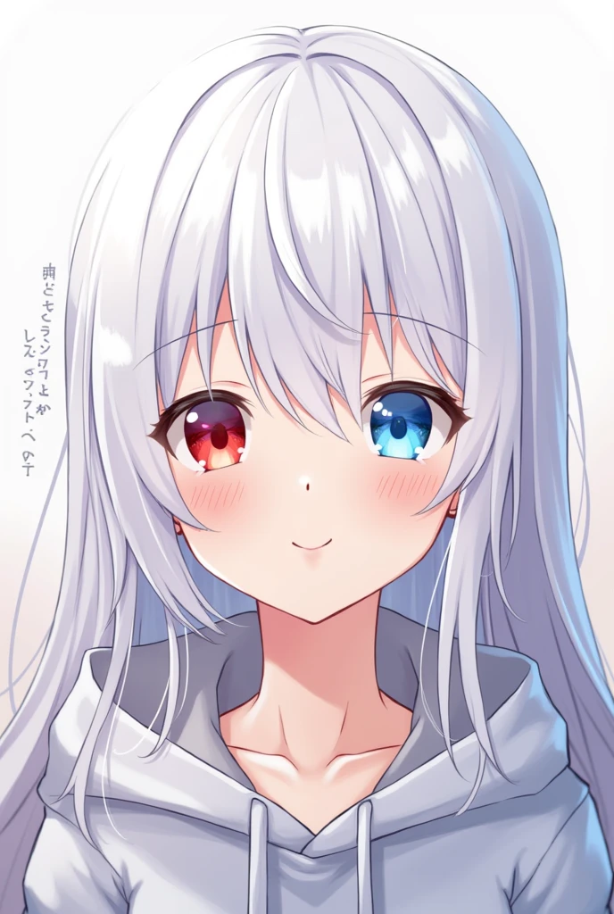 High resolution, Shortcuts, Silver Hair, Odd Eye, Simple Background, Anime Style, blue eyes, Red eyes, Hood worn, happiness/joy,