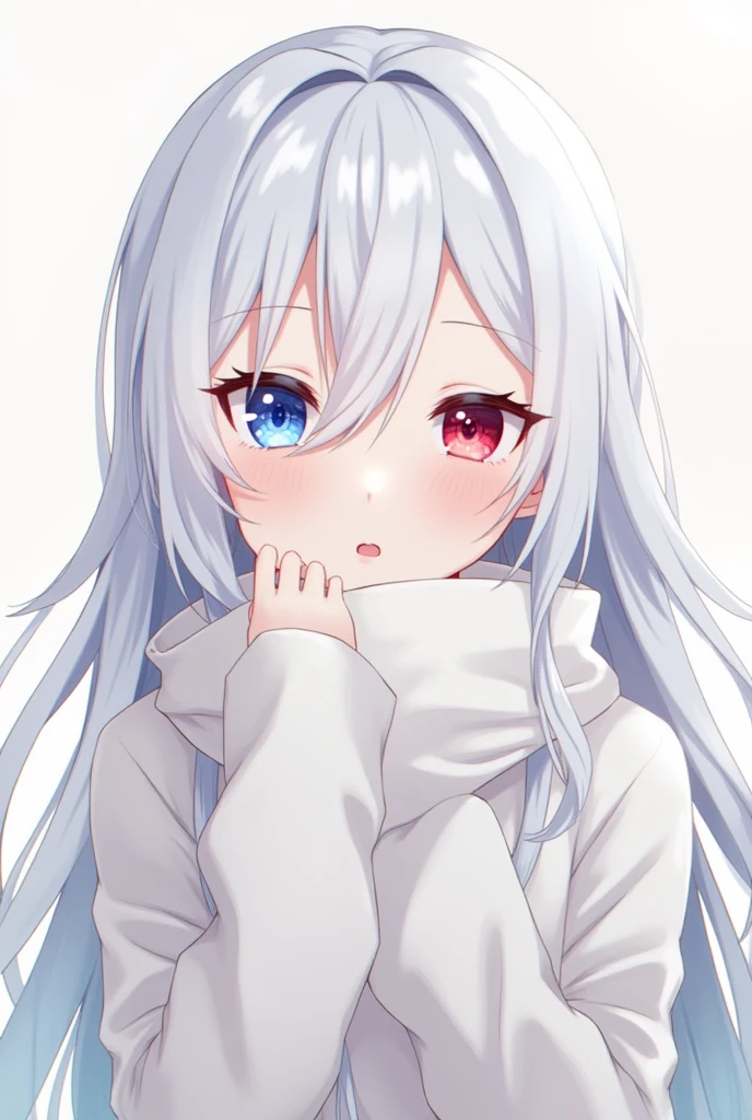 High resolution, Shortcuts, Silver Hair, Odd Eye, Simple Background, Anime Style, blue eyes, Red eyes, Hood worn, happiness/joy,