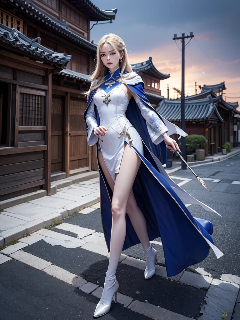 South korea walk women mystery hooded on with modern royal Blue coat with long and wide sleeves with buttons and royal Blue cape and very high white heel over the knee and white gloves, As she reveals a small secret hidden blade coming from his palm , adding to the character's mysterious and agile appearance, with small movements of air on the cape, in summer at night under the rain,medieval south korea house. sophisticated and highly detailed, ultra hd, realistic, hyper detailed, enhanced colours, ultra sharp focus, with vibrant, rich in details High quality, gorgeous, captivating, 8k, super detailed, stunning shadows, detailed lines, blood stain on coat and gloves, corpses in the street recently murdered