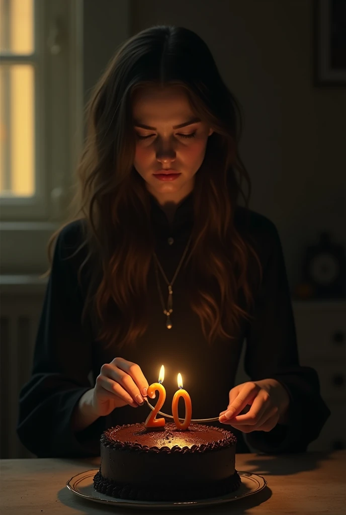 The beautiful young women cut chocolate cake alone ( use knife ) on the cake 20 number candle. and she's face full  of sadness. and she waring black frock with full sleeve and covered nack  and face dress she's in a dark room with some warm yellow light. She's in sad and she's looking a cake Nose Blush, Long Hair, 