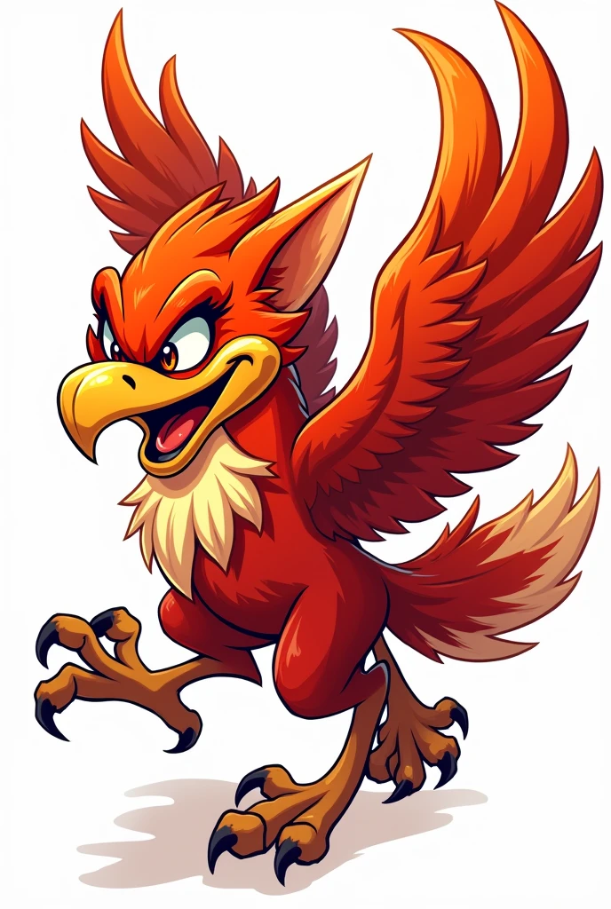 Phoenix for college athletic mascot, with bright eyes ablaze, with a confident and aggressive smile, cartoon style art but with a certain realism, in png with nothing in the background