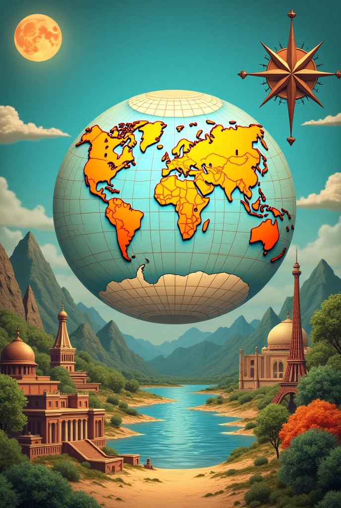 create an image for a background of a quiz video about geography, the image should have elements that symbolize geography, it should have elements that imply about quiz/trivia, geographical elements, world map, pyramids, landmarks, compass, catchy and engaging colors, realistic, 