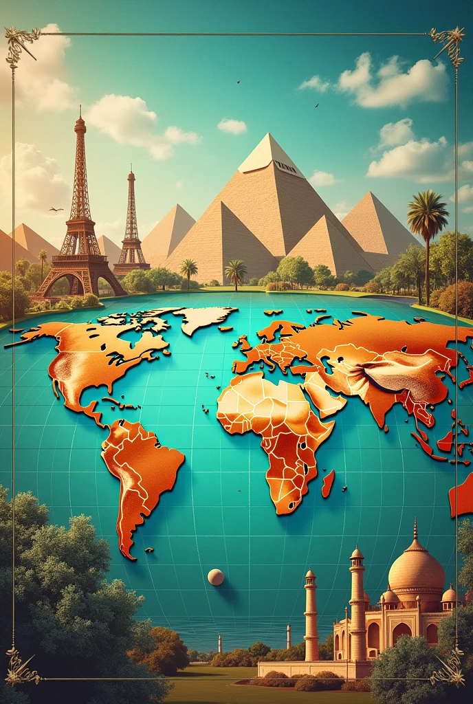 create an image for a background of a quiz video about geography, the image should have elements that symbolize geography, it should have elements that imply about quiz/trivia, geographical elements, world map, pyramids, landmarks, compass, catchy and engaging colors, realistic,