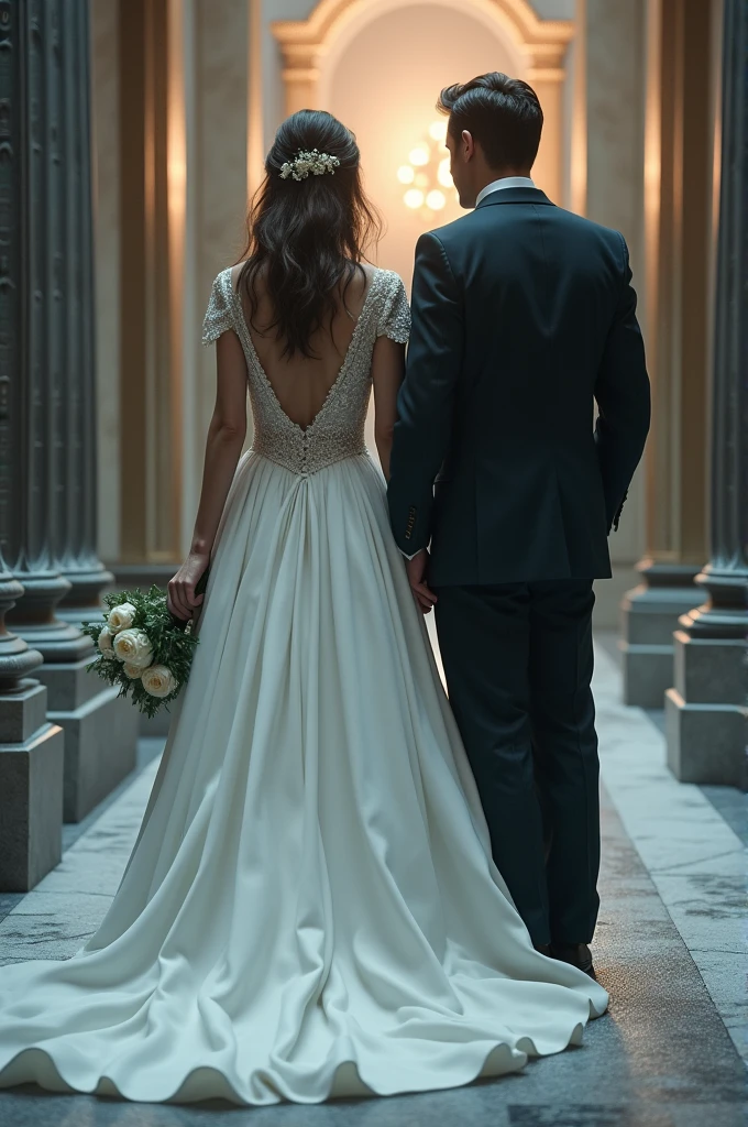Create an image depicting couple standing apart, facing away from each other. They are dressed in their wedding outfits; a wedding gown and a bouquet for the woman, and a tuxedo for the man. The background should suggest a luxurious but cold environment, symbolizing their external wealth but internal struggles. Use a hint of warm light to contrast their cold relationship and the potential for love.