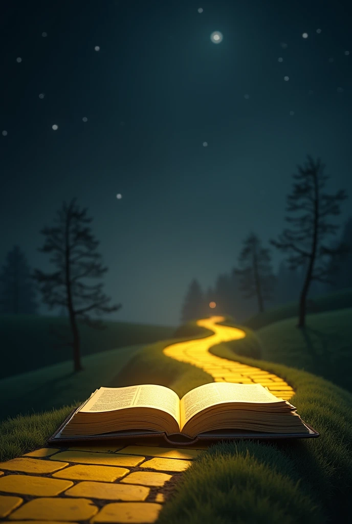 an open book on top of a yellow brick road on a dark night without much information on the side