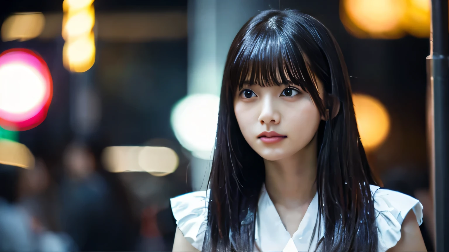 Highest quality,4K,8k,High resolution,masterpiece:1.2,Very detailed,A girl exuding fatigue,length, Flowing black hair,Delicate features,thinking eyes,White skin,Happy expression,Great atmosphere,Wear a uniform、Gazing into the distance,,Romantic atmosphere、Roppongi Nightlife、Above-the-waist display、Ample breasts、True Beauty、