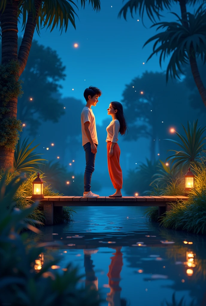 Pixar-type image of a young man in a white shirt and blue pants and a girl next to him in orange pants and a blouse looking at each other from the front on a bridge in a lagoon at night