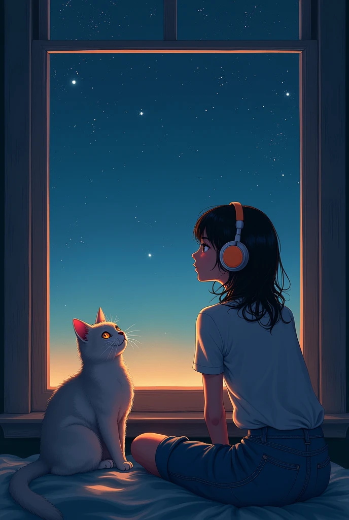 A girl listening music near window ,she look stars with cat