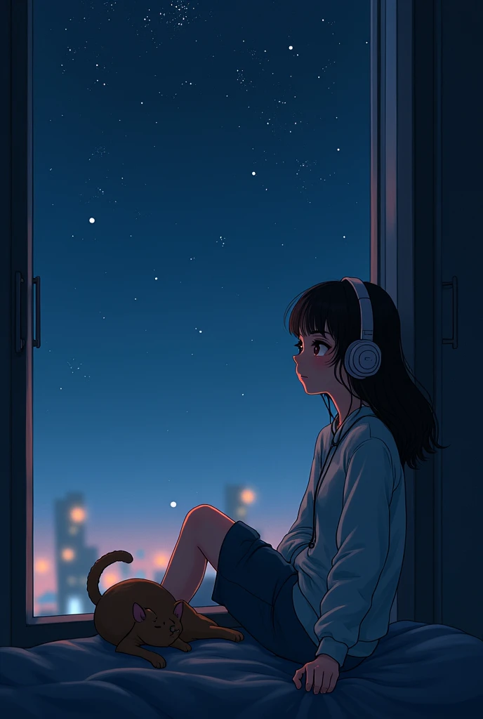 A girl listening music near window ,she look stars with cat