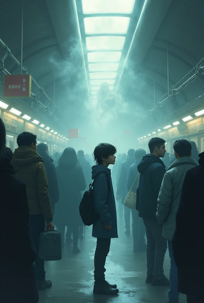 Illustrate a moment where a character experiences déjà vu in a crowded setting. Show ghostly echoes or transparent figures of past moments merging with the present scene to convey the overlap of time."