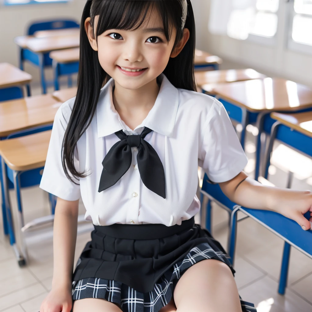 masterpiece, Highest quality, 8k, Young and beautiful, 、Clothed Big Tits、((((((9yearsold)))))),((Large Breasts:1.3)), photo shoot, Cute Face, Thighs, classroom, Embarrassing、smile、 compensate, 10 generations, Detailed face, Background blur、Long Hair、Black Hair、Tight waist,((school uniform、White shirt、Checked mini skirt))、Black knee-high socks