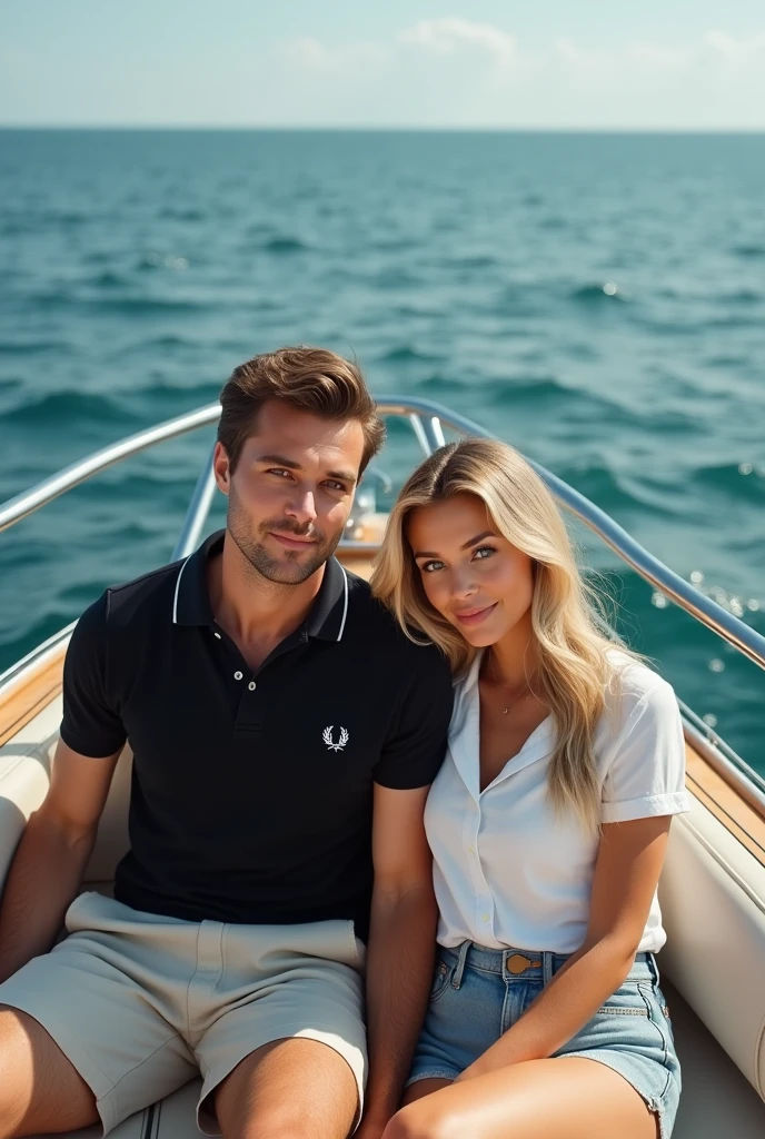 (Photorealism:1.2), man with brown eyes and brown hair wearing a black Fred Perry polo shirt with his blonde wife green eyes long hair usando camisa social Ralph Lauren branca on a yacht 8k ultra realistic photorealistic super detailed o melhor possível