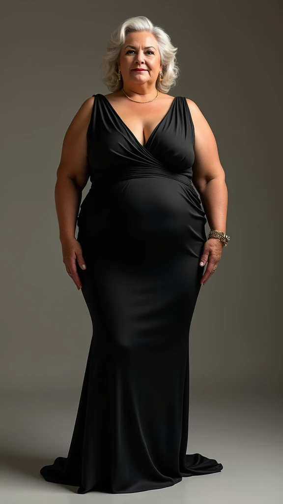 Older fatty women in hot dress in room full body in black dress big chest