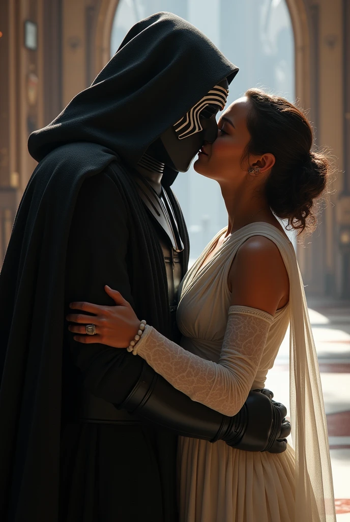 Unmasked Kylo Ren and Rey kissing in an Imperial meeting hall. King dresses in white, e Kylo, in black.