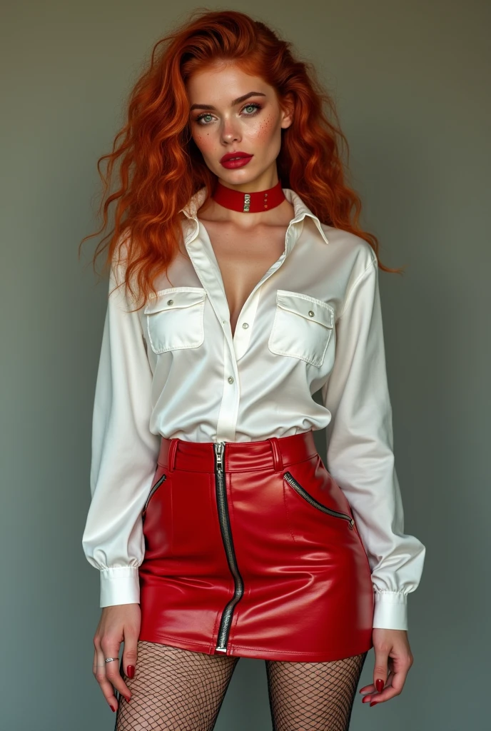 20 year old tall cute fit curly freckled copper redhead with red fleshy lips and large emerald-green eyes, in a glossy white satin shirt, extremely short tight belted red leather microskirt with frontal zip and pockets and high waist, black thigh-high fishnet stockings, red high heel shoes, wearing a tightly set red leather neckband, standing in full height, with long legs set wide apart.