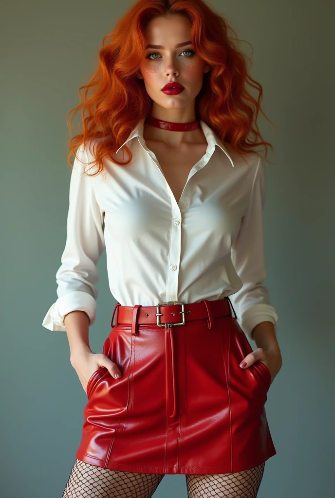 20 year old tall cute fit curly freckled copper redhead with red fleshy lips and large emerald-green eyes, in a glossy white satin shirt, extremely short tight belted red leather microskirt with frontal zip and pockets and high waist, black thigh-high fishnet stockings, red high heel shoes, wearing a tightly set red leather neckband, standing in full height, with long legs set wide apart.