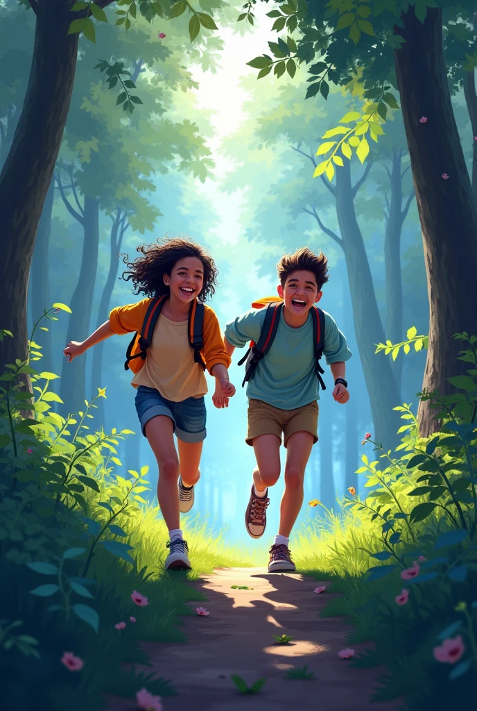 HQs Two teenagers smiling and running in a forest ,with blue purple and black and gray color theme
