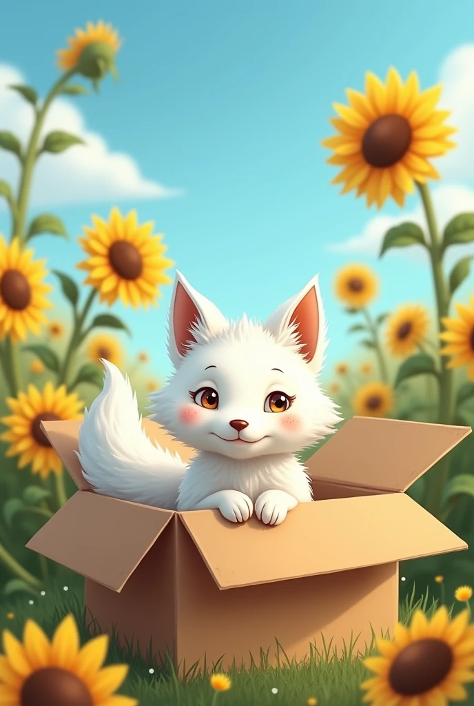 kemono, white fox, cardboard box, animal in a box, sunflower, blue sky, clear sky