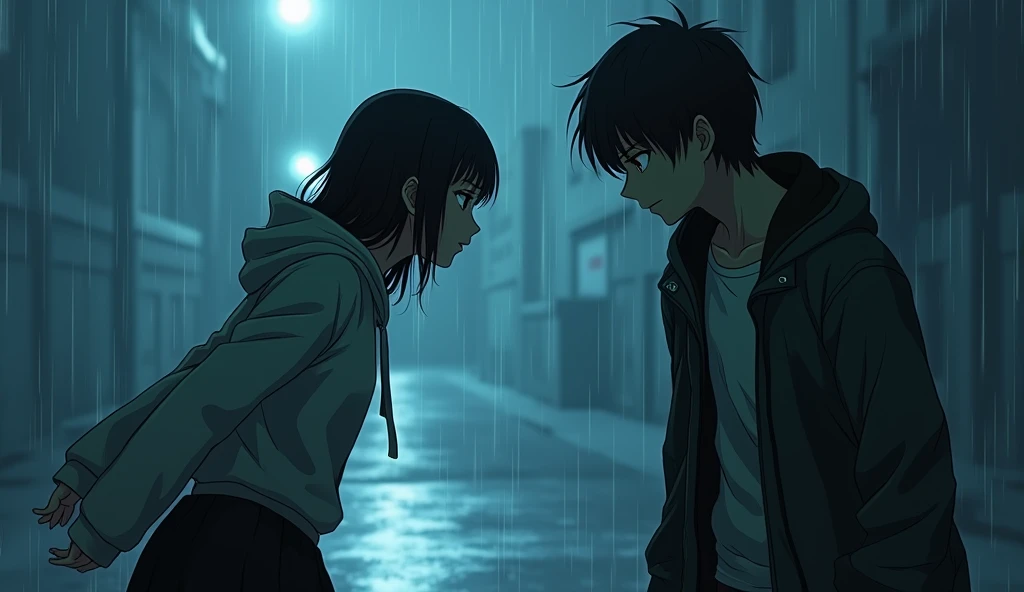 The rain, falling continuously, had tinted the world in shades of azure and the color of tears. The young woman, wearing a hoodie over a white collared shirt and a black skirt, with shoulder-length black hair, was on the verge of madness, her eyes filled with the sorrowful remnants of the rain.

She was about to end the life of the tall, slender young man with short dark hair, who stood motionless in his raincoat and white shirt. The young woman lunged at him so quickly that he could not evade her, but she suddenly stopped as another hand grasped her arm. The person who intervened had long, straight dark hair, sharp, piercing eyes, and an alluring presence, wearing a hoodie over a shirt combining dark and white colors, standing between the young woman and the young man.
