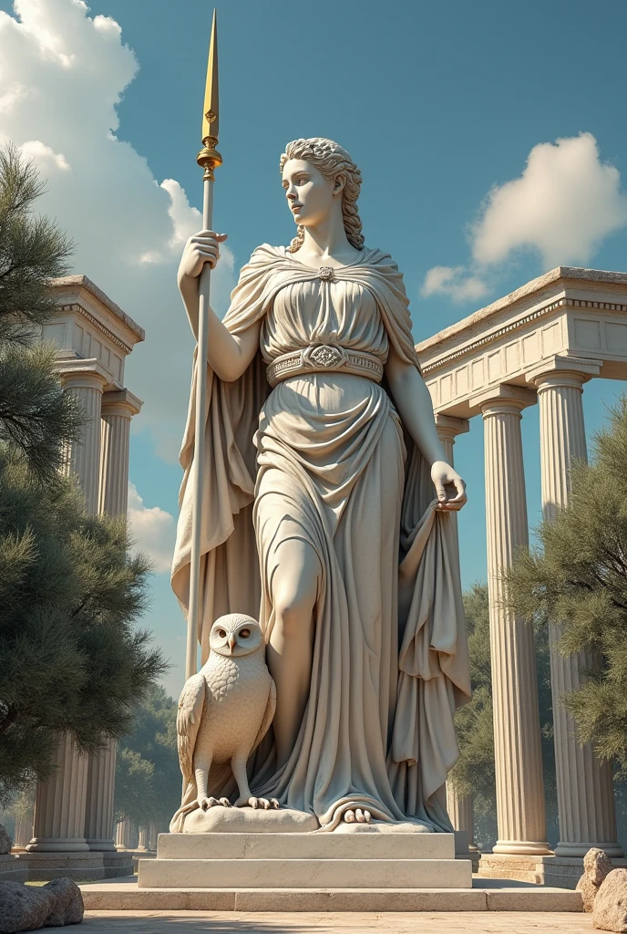 
 a sculpture of Athena, the goddess of wisdom, with an owl at his feet and a spear in his hand, Surrounded by olive trees and Greek columns.
