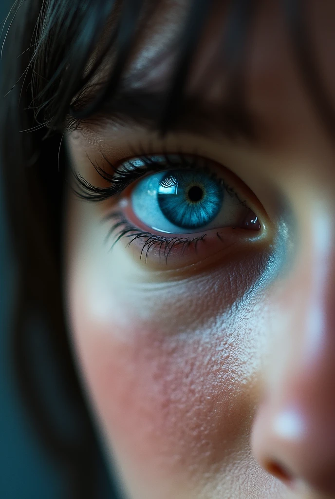 A close-up of a woman's eyes with extremely bright blue irises. The look is captivating and deep, with flashes of light that highlight the vibrant color. The skin around the eyes is smooth and well illuminated., and the background is blurred to focus attention on the eyes.