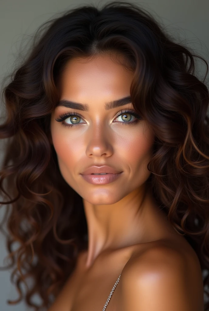 Young 1 Cuban-Italian mixed woman, high cheekbones, glamorous gaze, curly brown hair, long eyelashes, almond-shaped eyes, shiny look, studio lighting.