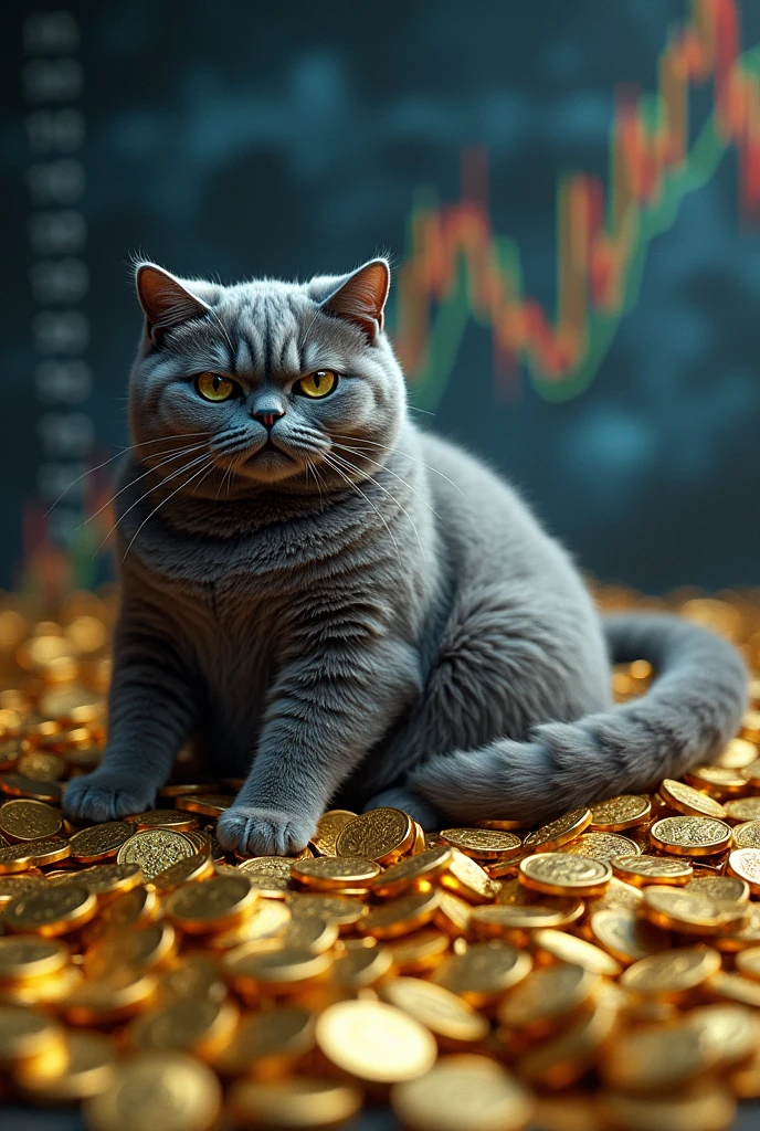 
A fat gray Lamborghini cat sits on a pile of gold and the background is a blue and gray Forex chart.
