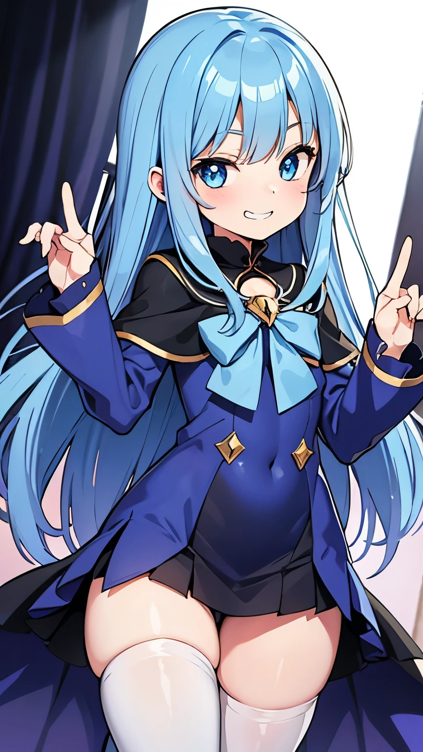 witch magical girl pygmy blue hair(Long Straight) Light blue eyes, baby face, facial expression(Grin) Cat&#39;s mouth, big breasts, stomach ptosis, little devil, brat, robe, pumpkin pants, cheerful, mischievous, wand, magic