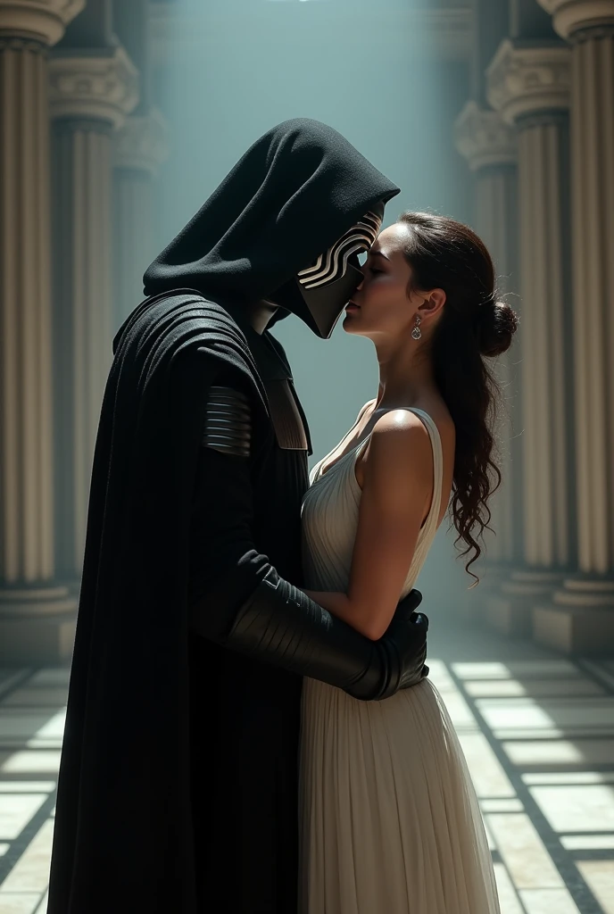 Unmasked Kylo Ren and Rey kissing in an Imperial meeting hall. King dresses in white, e Kylo, in black.
