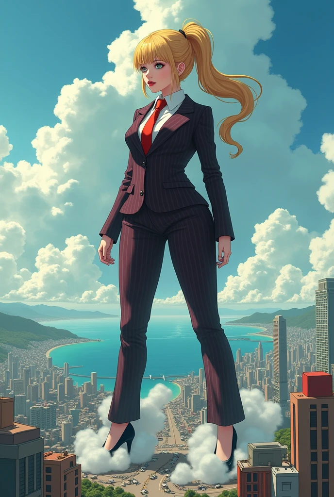 (photorealism:1.2), young , beautiful bbw schoolgirl a massive curvy blonde ponytail red lips wearing a perfect dark red pinstripe suit with a thick light red tie large collar large breasts. Platform high heels , standing, giantess art, highly detailed giantess shots, giantess, most detailed, perfect face, Two legs, Five fingers, short hair, A high school girl who is bigger than a skyscraper, smile, huge breasts, Red tie, , Steam coming out from the soles of my feet, seaside metropolis, numerous Destroying cities, Under heavy attack, A very small big city, Miniature metropolis, Full body description, GTS, giga giantess, gigagts, stomping city, crash city, tiny city, micro city, , High resolution, highest quality, masterpiece,