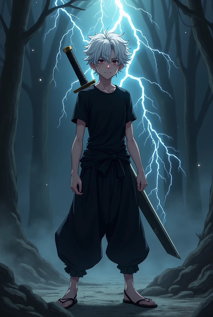 Half-dark anime boy, physically weak with white curly hair, he wears a black compression shirt and black harem pants too, He has lightning power and a serious expression He has a katana stuck in his back