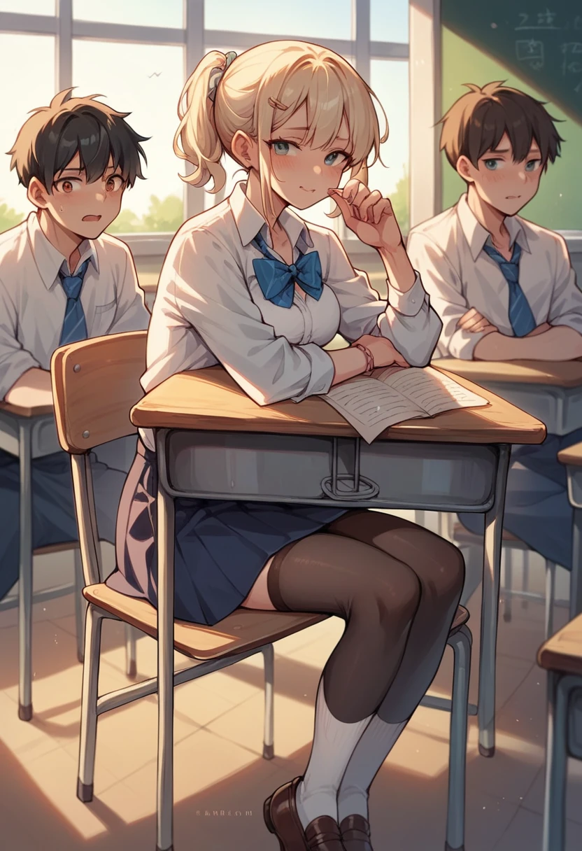 create a classroom with the teacher and school desks with boys and girls sitting at those school desks, and one clearing your doubts .
