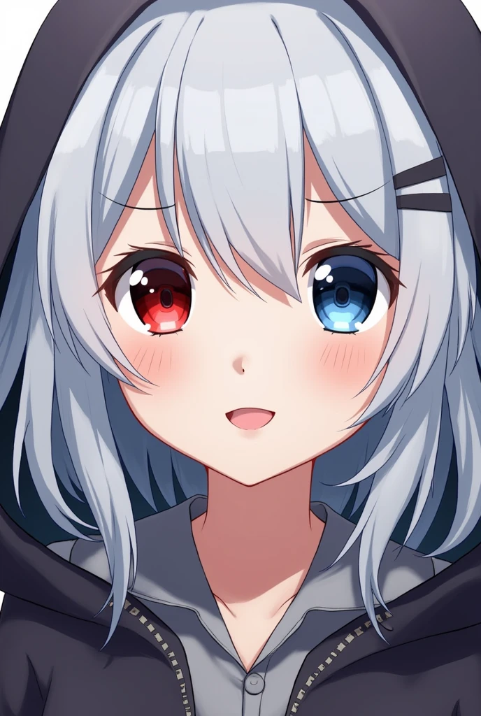 High resolution, Shortcuts, Silver Hair, Odd Eye, Simple Background,  Anime Style, blue eyes, Red eyes, Hood worn, smiling, 