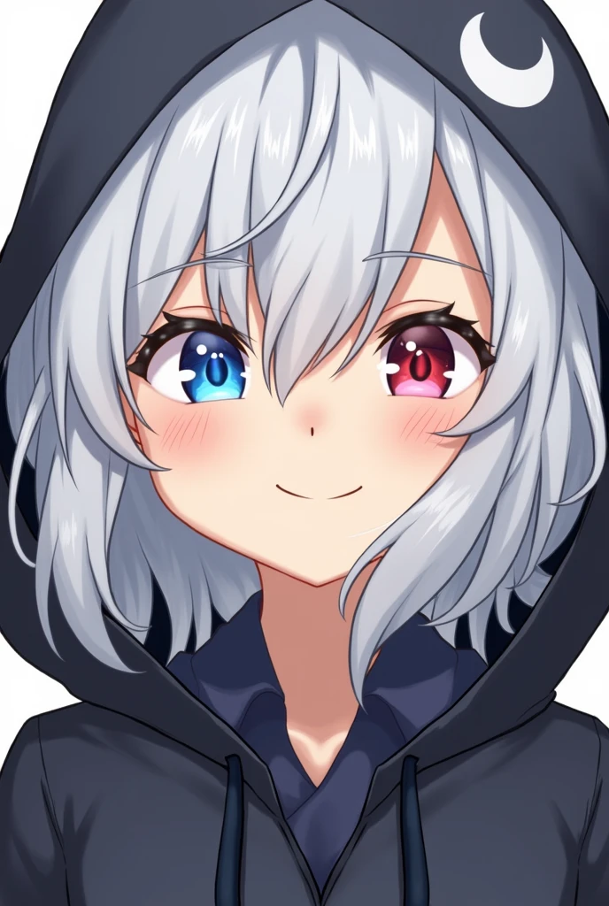 High resolution, Shortcuts, Silver Hair, Odd Eye, Simple Background, Anime Style, blue eyes, Red eyes, Hood worn, smiling,